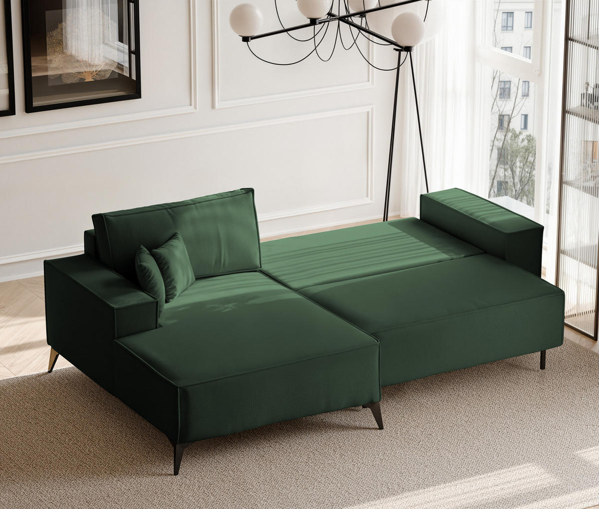 ECKSOFA OTIS Links, mit Schlaffunktion und Bettkasten, Grün - Grün, Textil/Metall (294/185cm) - Idohome