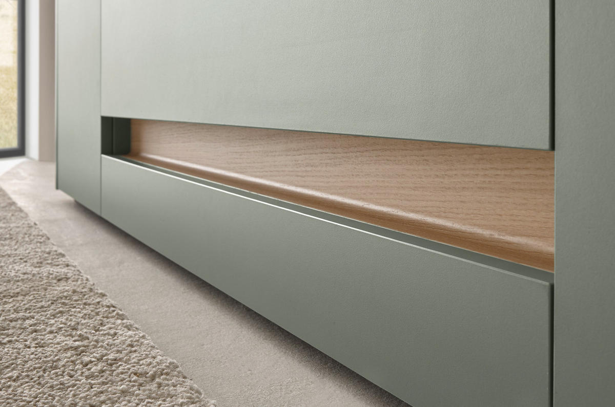 TV-LOWBOARD in Salbei grün, Barista Eiche 170 cm, TV Unterteil mit Doppel-Schubkasten - Salbeigrün/Eichefarben, Holzwerkstoff/Kunststoff (170/40/45cm) - Furn.Design