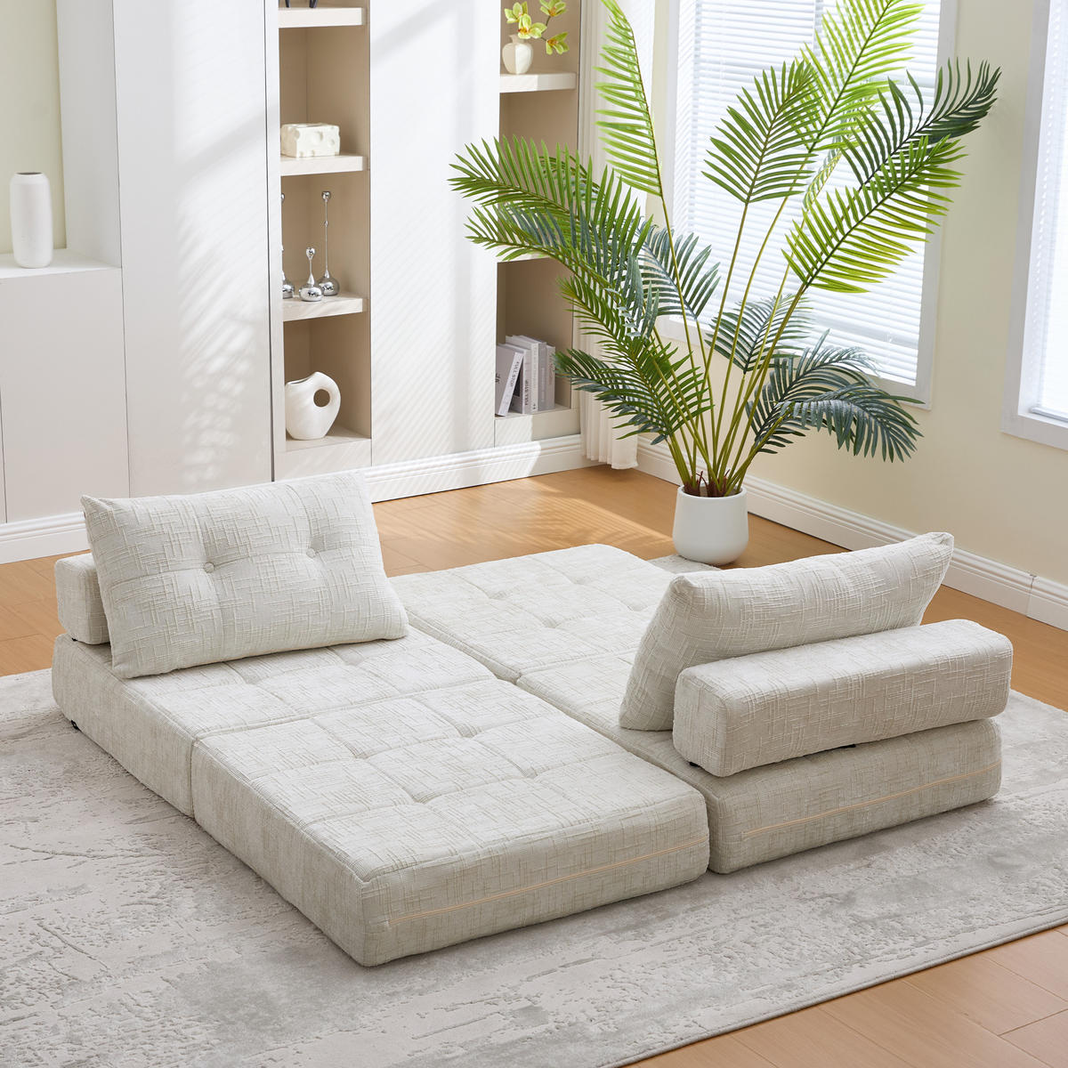 SCHLAFSESSEL Klappbares mit Kopf und Lumbalkissen Chenille Beige 79/79/57 cm - Beige, Textil (79/57/79cm) - OKWISH