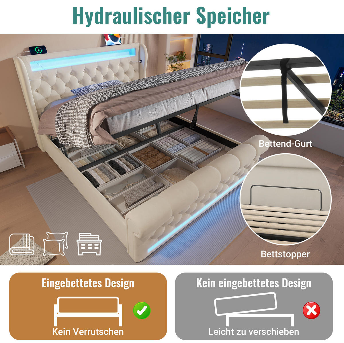 POLSTERBETT 160/200 cm Beige aus Samt mit LED und Stauraum - Beige, Textil (160/200cm) - OKMYHOME