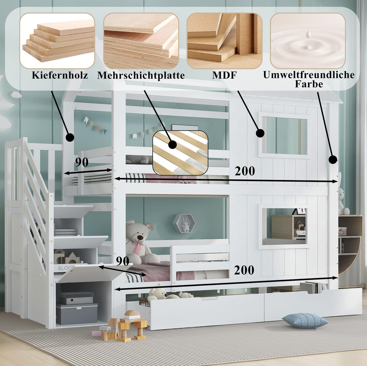 ETAGENBETT aus Kiefer und MDF 90x200 cm Weiß mit Treppenschrank, Rollschublade, Dach und Fenstern - Weiß, Holzwerkstoff (90/200cm) - Modfu