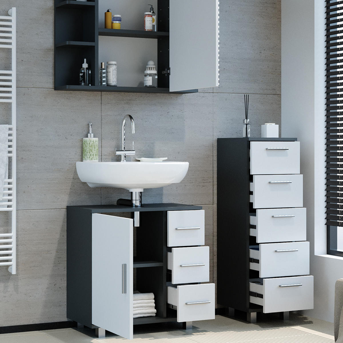 BADMÖBEL-SET Ilias Anthrazit 3 Teile, mit Midischrank - Anthrazit/Weiß, Holzwerkstoff (60/60.8/33cm) - Vicco