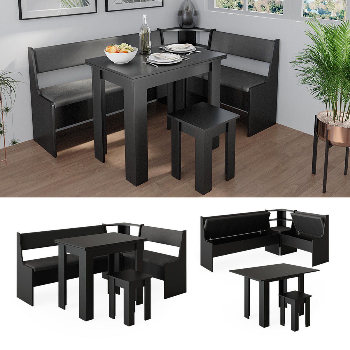 ECKBANKGRUPPE Roman Schwarz 120 x 41.5 cm mit Tisch - Schwarz Hochglanz/Schwarz, Holzwerkstoff (180/80/120cm) - Vicco