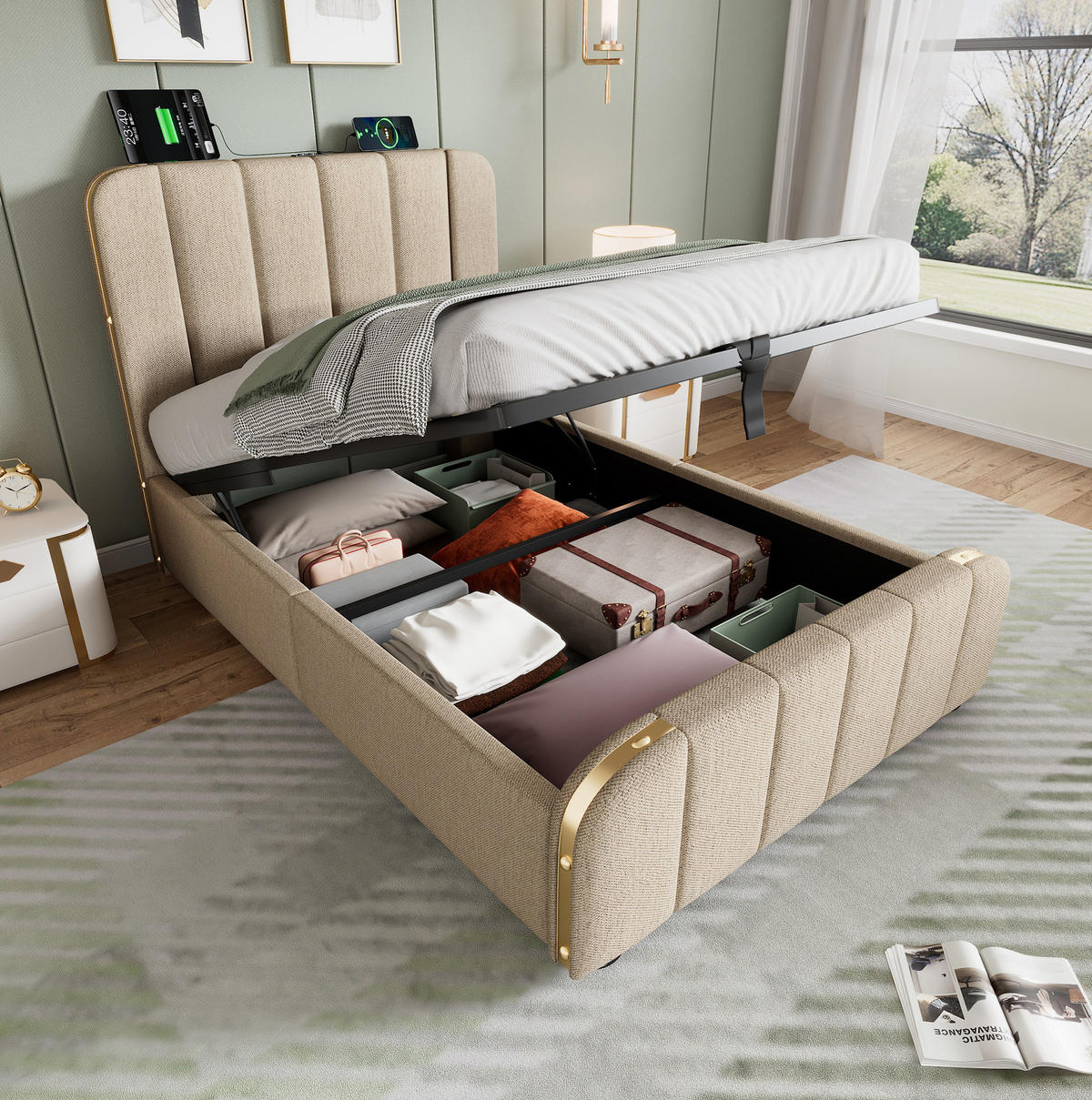 POLSTERBETT mit Stauraum und USB/Typ-C 90x200 cm Beige Leinen inkl. Matratze - Beige, Metall (90/200cm) - Meubliv