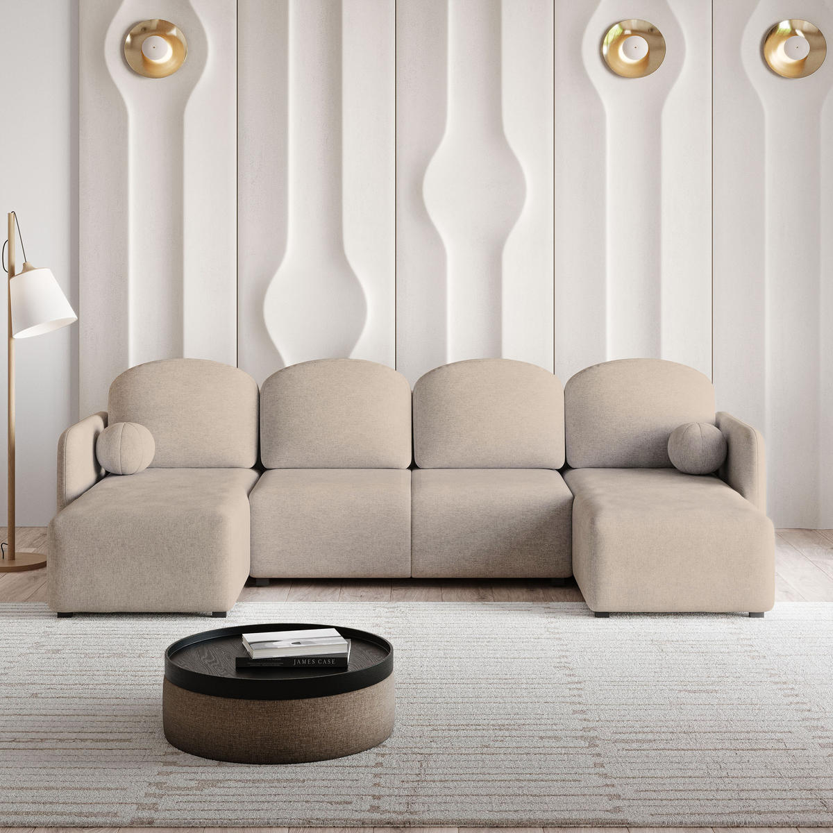 ROHOVÁ SEDAČKA NUBERO béžová - šedá/béžová, dřevo/textil (285/143cm) - MASSENO