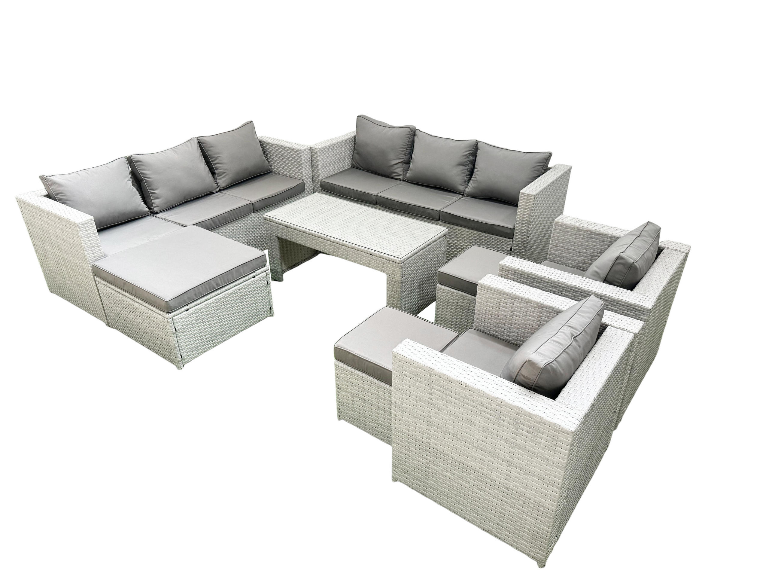 GARTENSOFA hohe Rückenlehne Polyrattan Hellgrau-Mix 11-Sitzer - Hellgrau/Grau, Glas/Kunststoff - Fimous