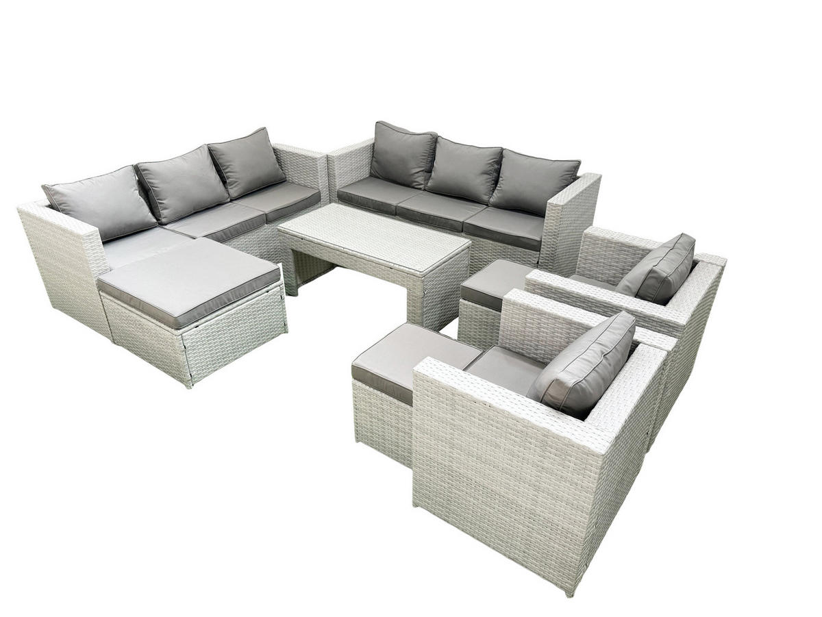 GARTENSOFA hohe Rückenlehne Polyrattan Hellgrau-Mix 11-Sitzer - Hellgrau/Grau, Glas/Kunststoff - Fimous