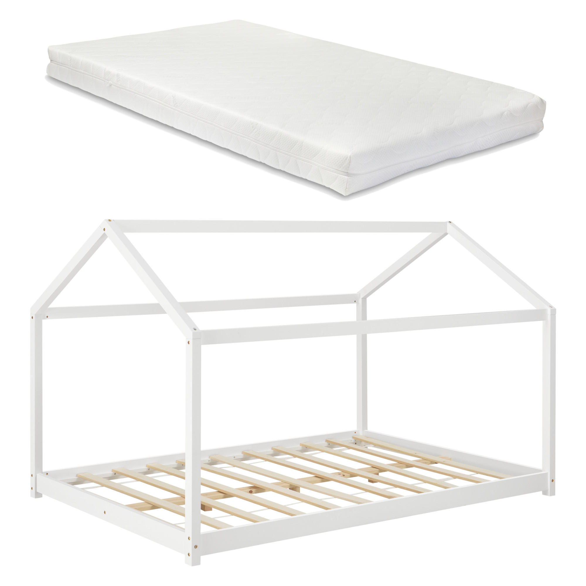 HAUSBETT Cerro mit Matratze - Weiß, Holz/Textil (140/200cm) - [en.casa]