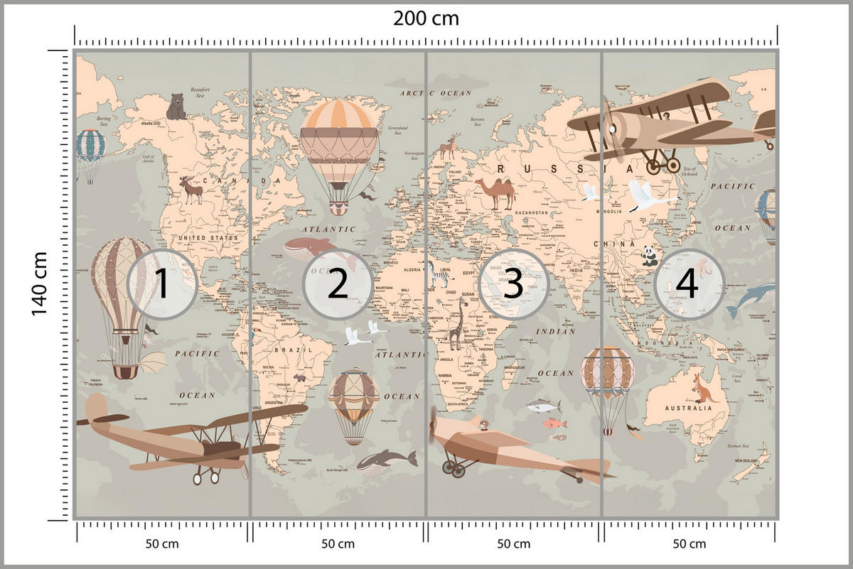 FOTOTAPETE für Kinderzimmer Retro Weltkarte Balony Flugzeuge 200x140 - Beige/Orange, Papier (200/140cm) - Muralo