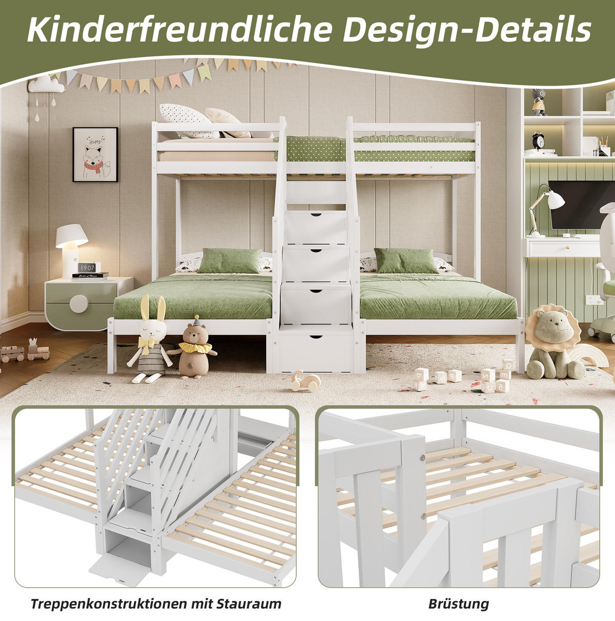 HOCHBETT mit 3 Liegeflächen 90x200 cm in Weiß mit Stauraumtreppe und Schubladen - Weiß, Holz (90/200cm) - IVMEU