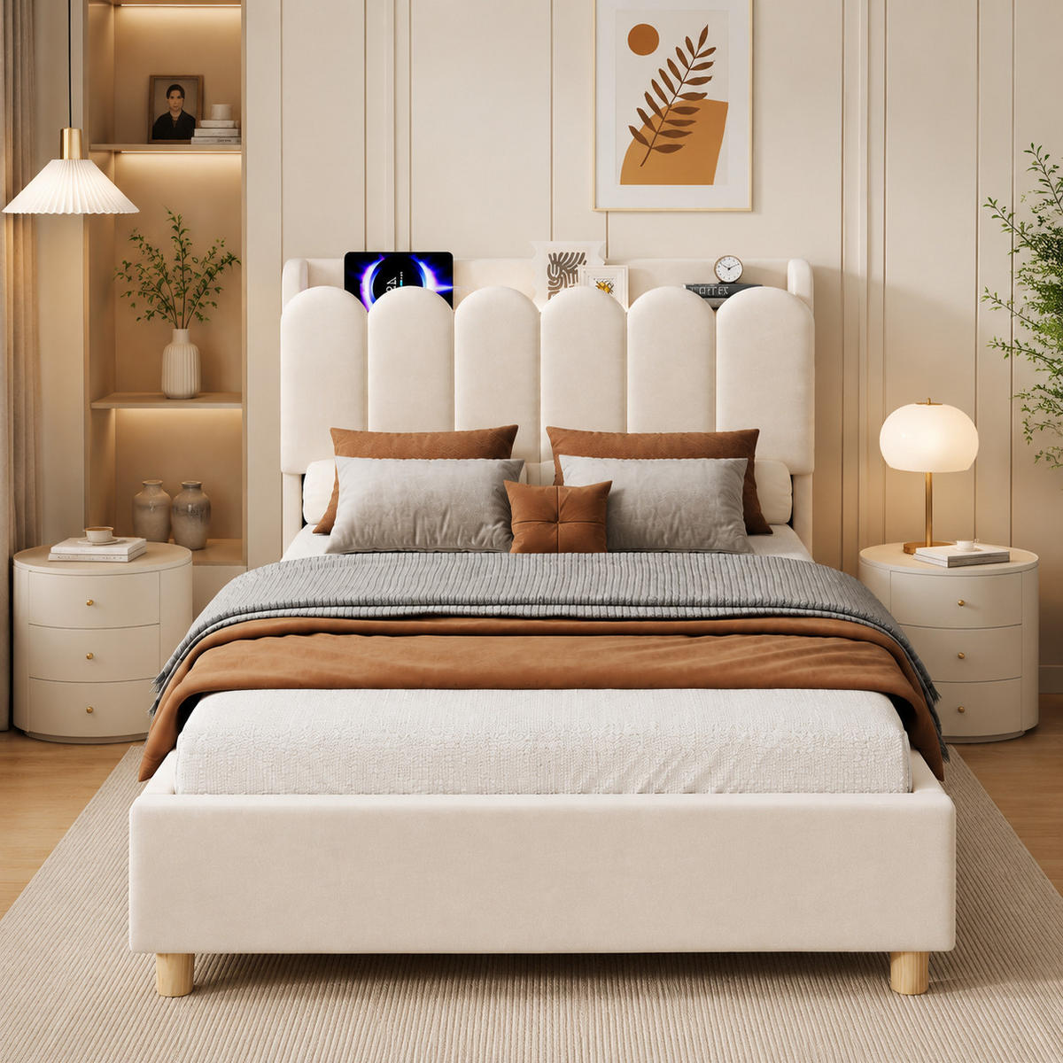 POLSTERBETT 90/200 cm in Beige Samt mit Leselampe, USB und Type-C, gepolstertem Kopfteil und Stauraum - Beige/Naturfarben, Holzwerkstoff/Textil (90/200cm) - STILVORA