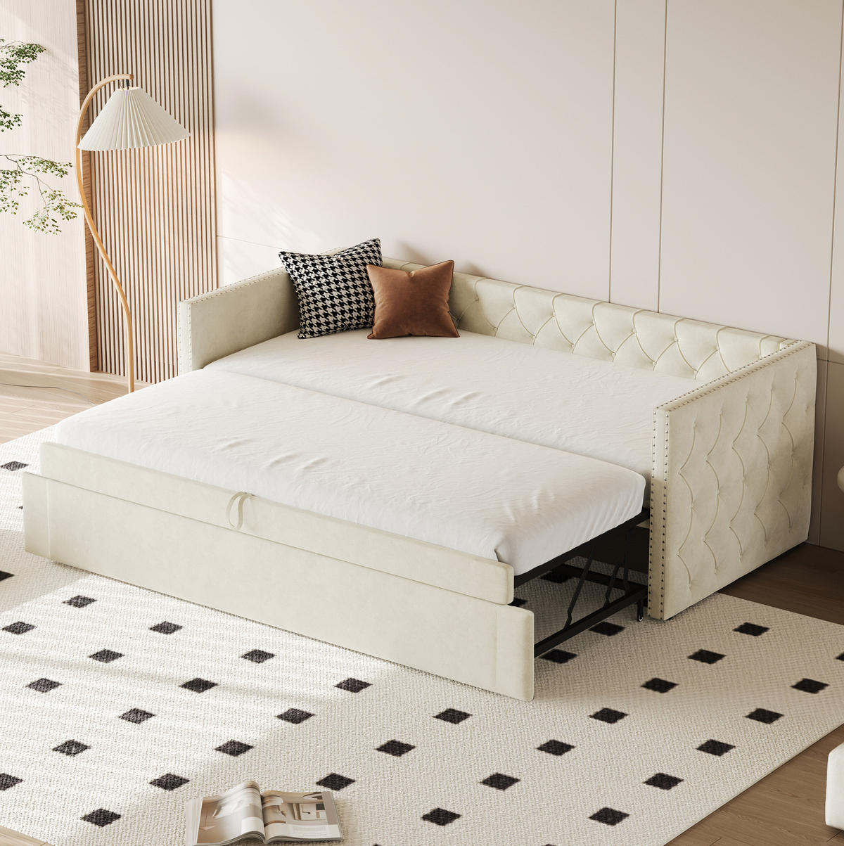 ČALÚNENÁ posteľ z zamatu 90x200 cm béžová s lamelovým roštom, rozkladacia na pohovku, nosnosť 300 kg - béžová, textil (90/200cm) - Modfu