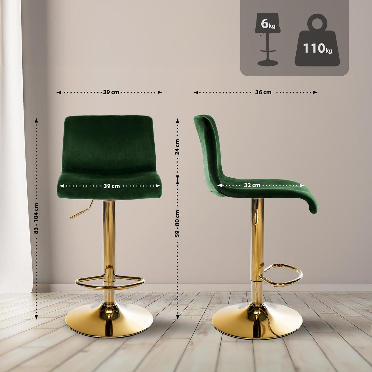 BARHOCKER Samt Grün - Grün, Textil (39/83/36cm) - CLP