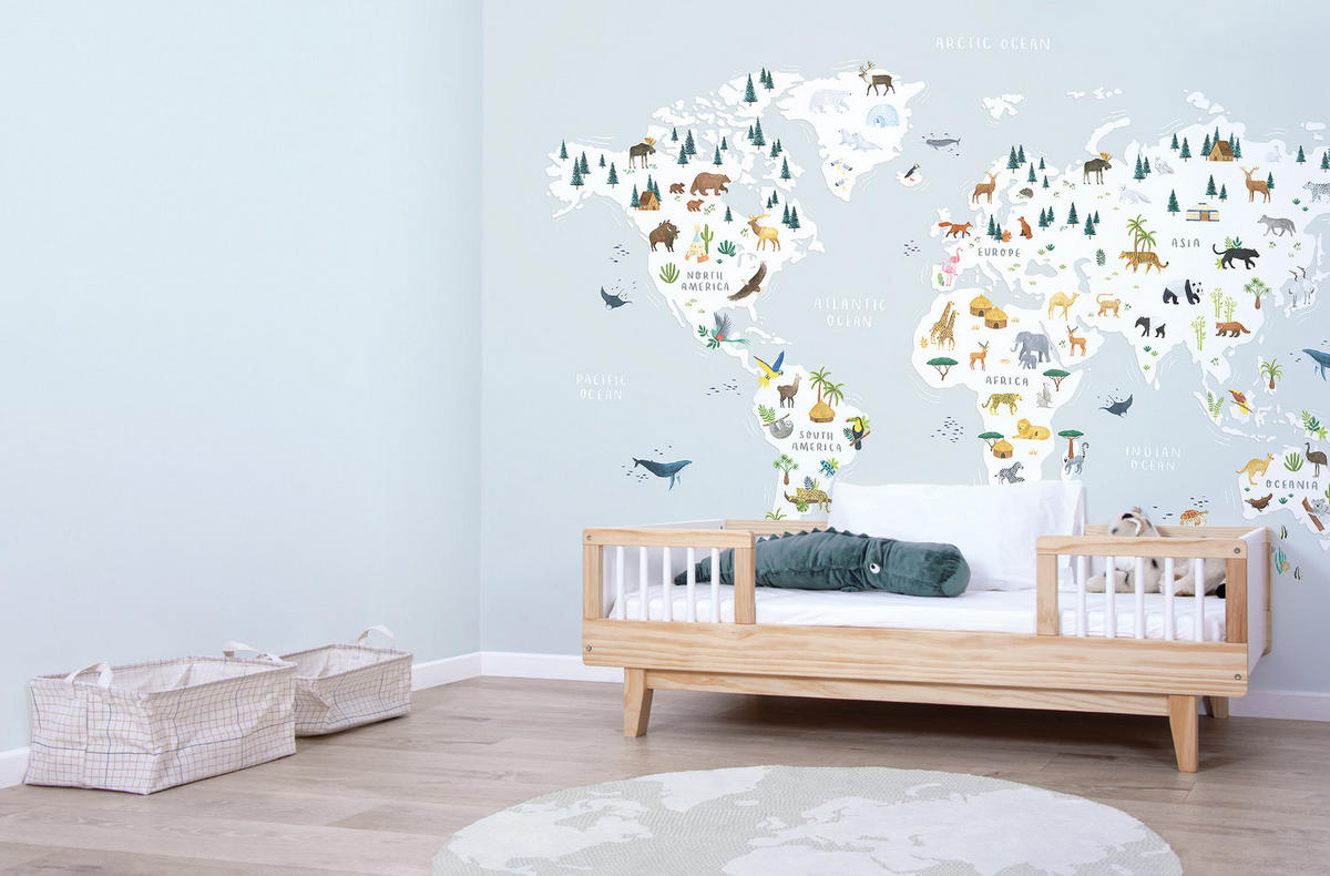 VLIESTAPETE Weltkarte mit Tieren 4 m x 3 m, blau/grau - Blau, Papier (300/400cm) - Lilipinso