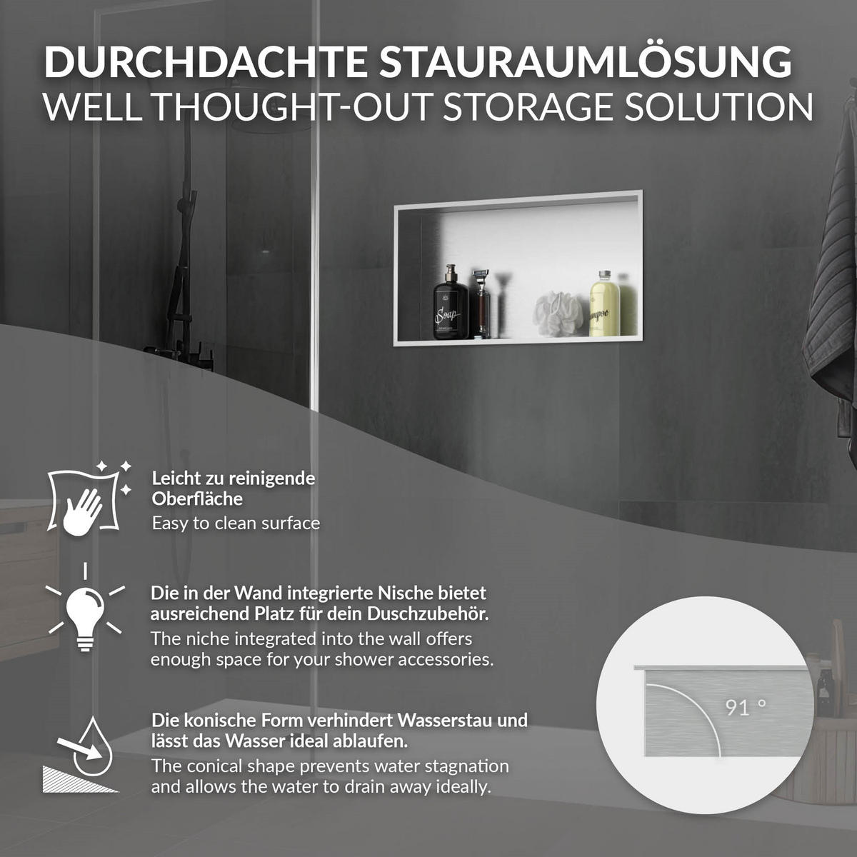 DUSCHNISCHE Silber 60/30 cm - Silberfarben, Metall (60/30/10cm) - LuxeBath