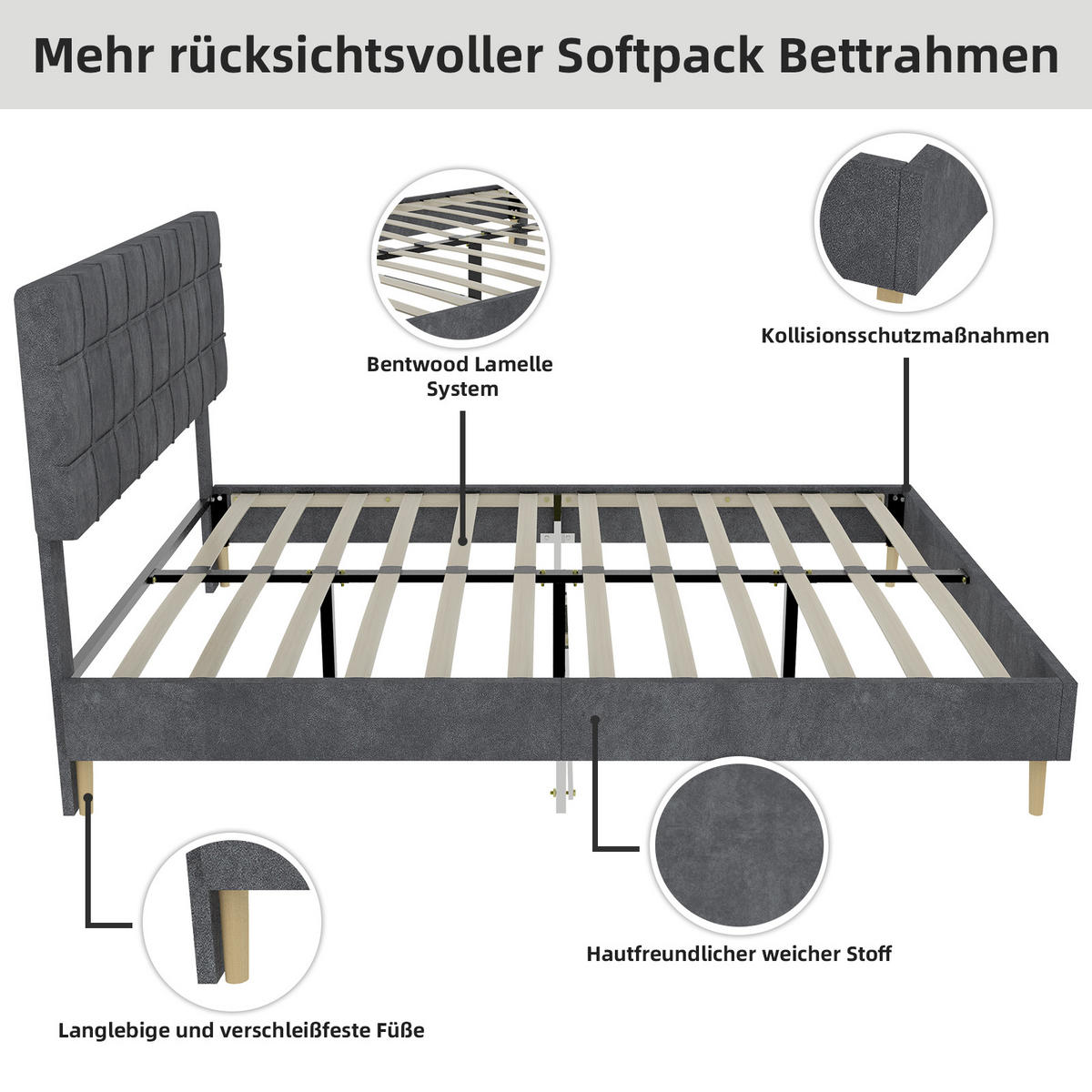 POLSTERBETT 160/200 cm in Grau Samt - Grau, Holzwerkstoff/Textil (160/200cm) - WISHDOR