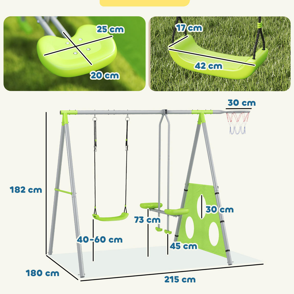 SCHAUKELGESTELL, 4 in 1 Outdoor Schaukelgerüst mit Schaukel, Metallgestell - Grün, Metall (180/215cm) - AIYAPLAY