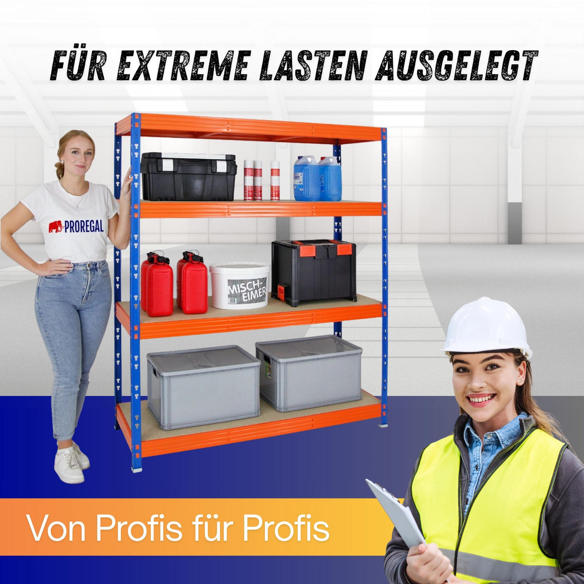 SCHWERLASTREGAL Rhino 180x160x60 cm 4 Spanplatten-Ebenen 16mm Fachlast 500 kg Blau/Orange - Blau/Orange, Metall (160/180/60cm) - PROREGAL