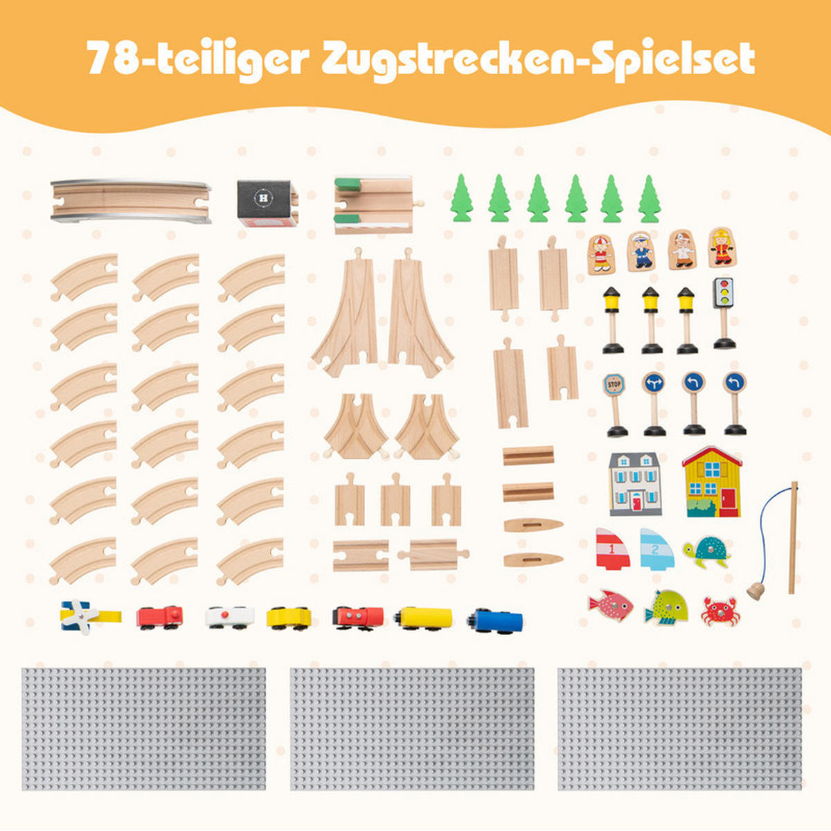 EISENBAHNTISCH aus Holz natur(78-tlg) - Naturfarben, Holzwerkstoff (79/39.5/57cm) - COSTWAY