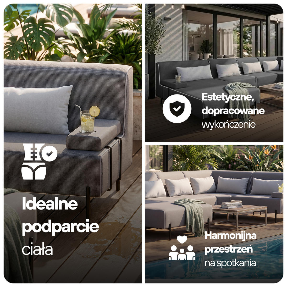 GARTENMÖBEL Set 2 x Sofa und Sessel, BORNEO, UV-beständig, Solide Konstruktion, HR-Schaumfüllung, Wetterfeste Bezugstoff, Beige - Beige, Holz - Trada