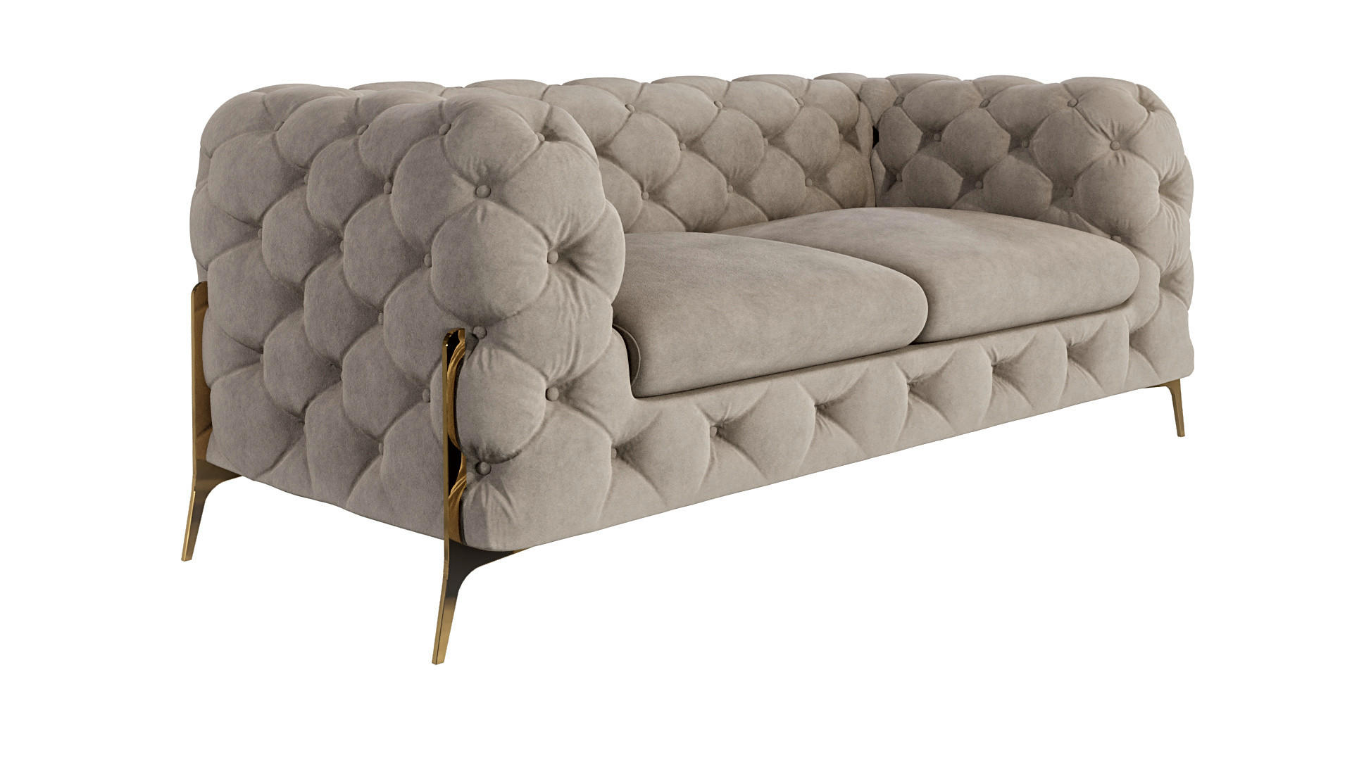 S-Style CHESTERFIELD DVOUMÍSTNÁ POHOVKA Lexi z tmavé krémové sametu se zlatými nohami