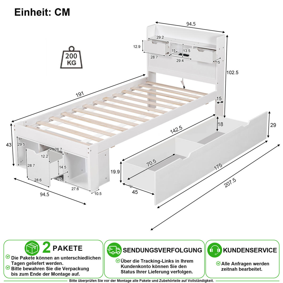 JUGENDBETT 90/190 cm in Weiß mit Stauraum, USB und Steckdosen - Weiß, Holz/Holzwerkstoff (90/190cm) - CHICFURN