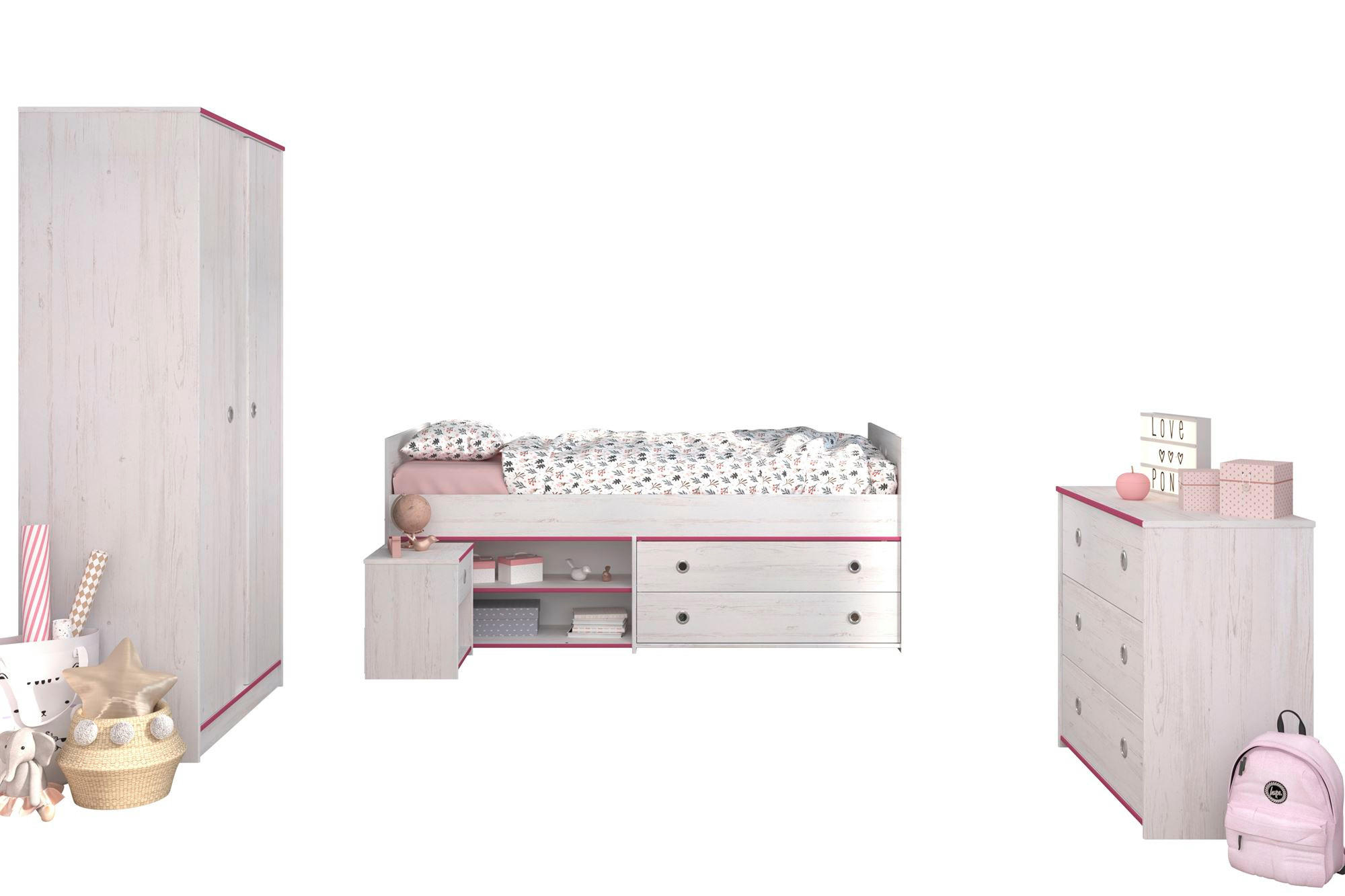 KINDERZIMMER SET Parisot Smoozy 4-tlg. Holzdekor Kiefer Weiß/Pink - Pink/Weiß, Kunststoff (100/1/200cm) - 58aufmkessel