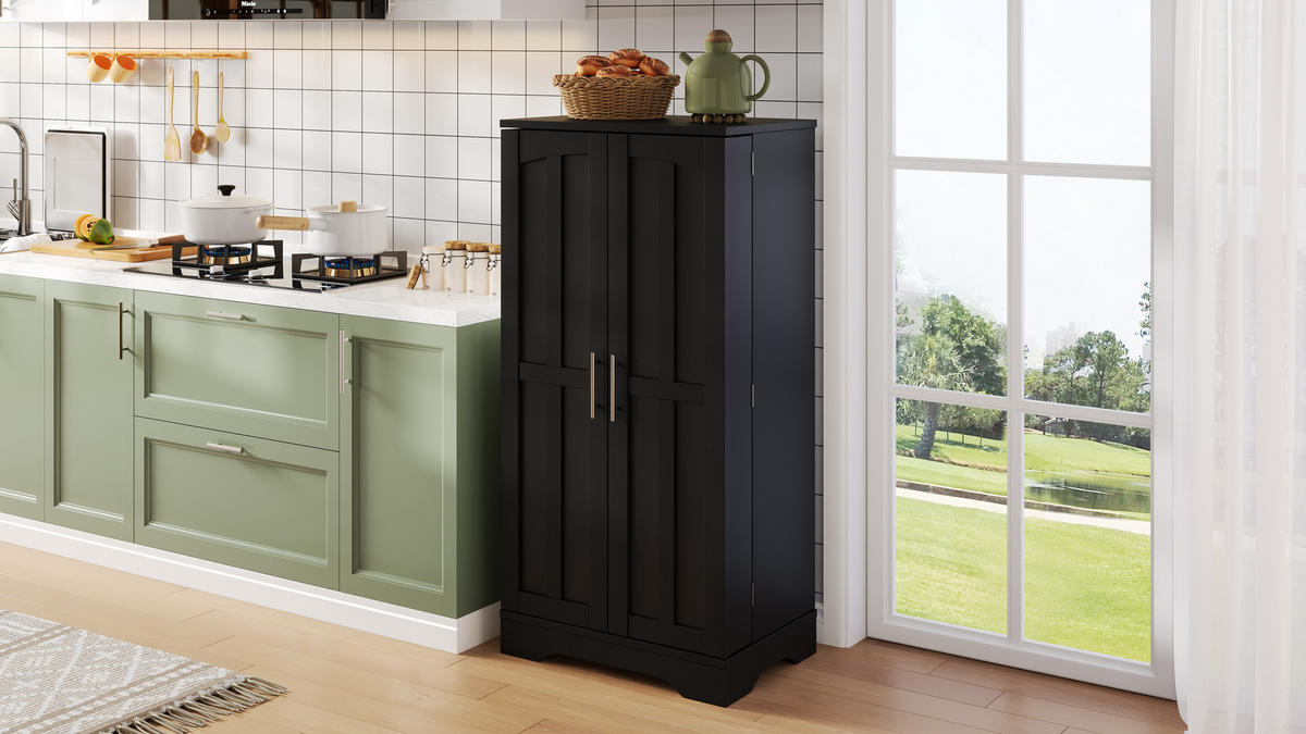 MODERNER Hochschrank aus MDF mit 3D-Wellentüren, LED-Sensorlicht und verstellbaren Regalböden, 120/60/40 cm, Schwarz - Schwarz, Holzwerkstoff (60/120/40cm) - Redom