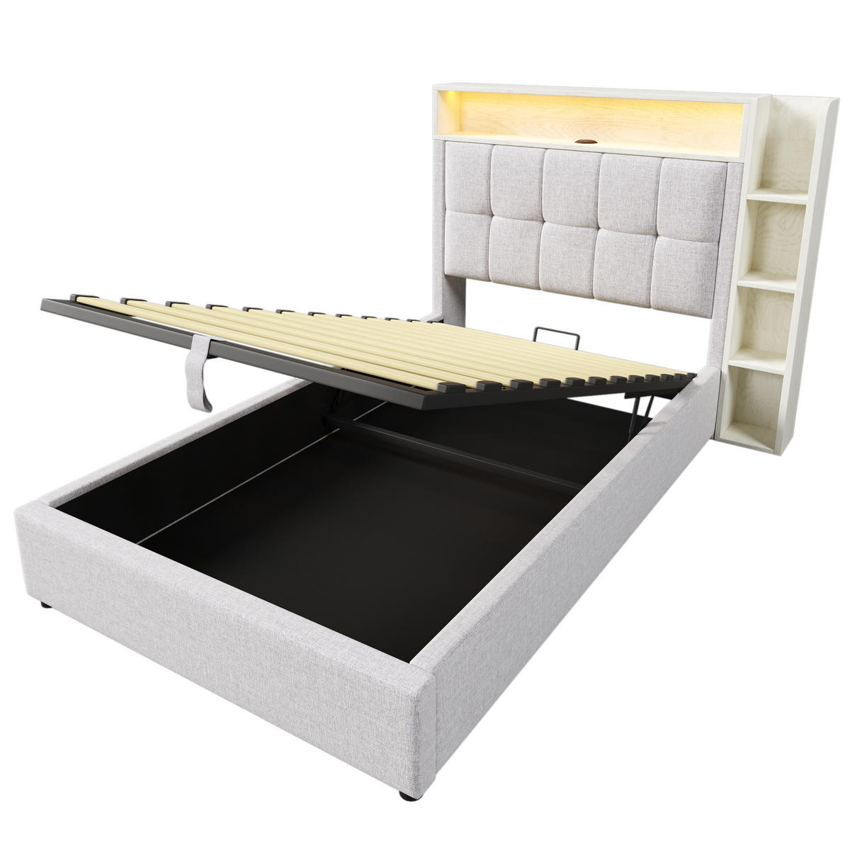 POLSTERBETT mit Stauraum, USB und LED 90x200 cm Leinen Beige - Beige, Metall (90/200cm) - Meubliv