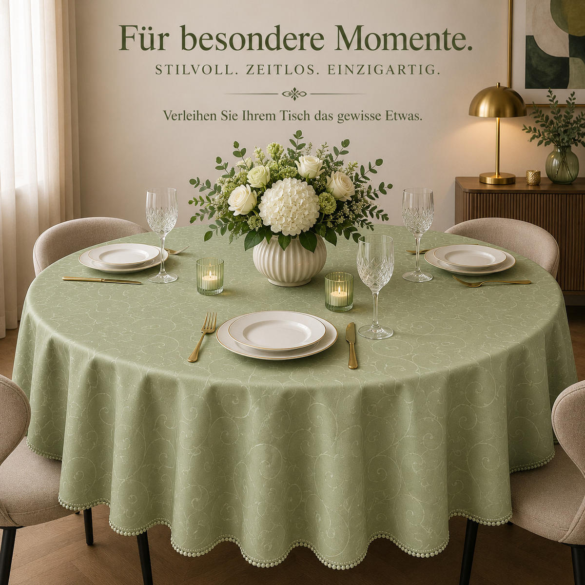 TISCHDECKE 135 cm rund Ornamente Lindgrün - Hellgrün, Textil (135cm) - TiborTex