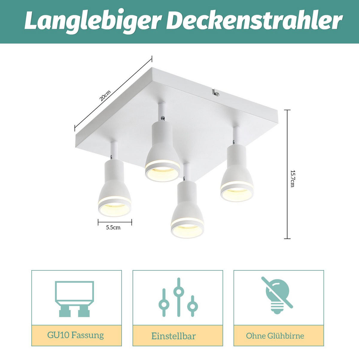STRAHLER Aalen 4-flammig 25/25/15.7 cm - Weiß, Metall (25/25/15.7cm) - Nettlife