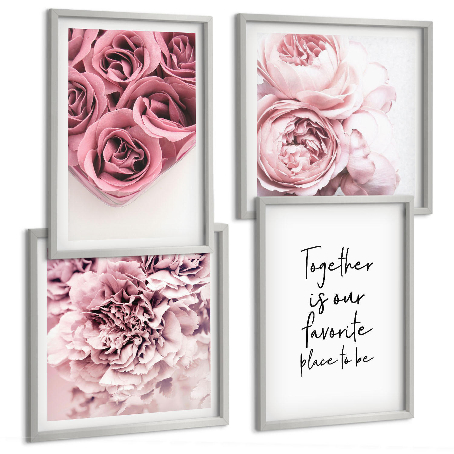 BILDER SET 4er Set - 50x50 cm & 40x60 cm Silberner Rahmen - Blumensträuße mit Rosen, Hausinschrift - Silberfarben, Kunststoff (50/50cm) - TULUP