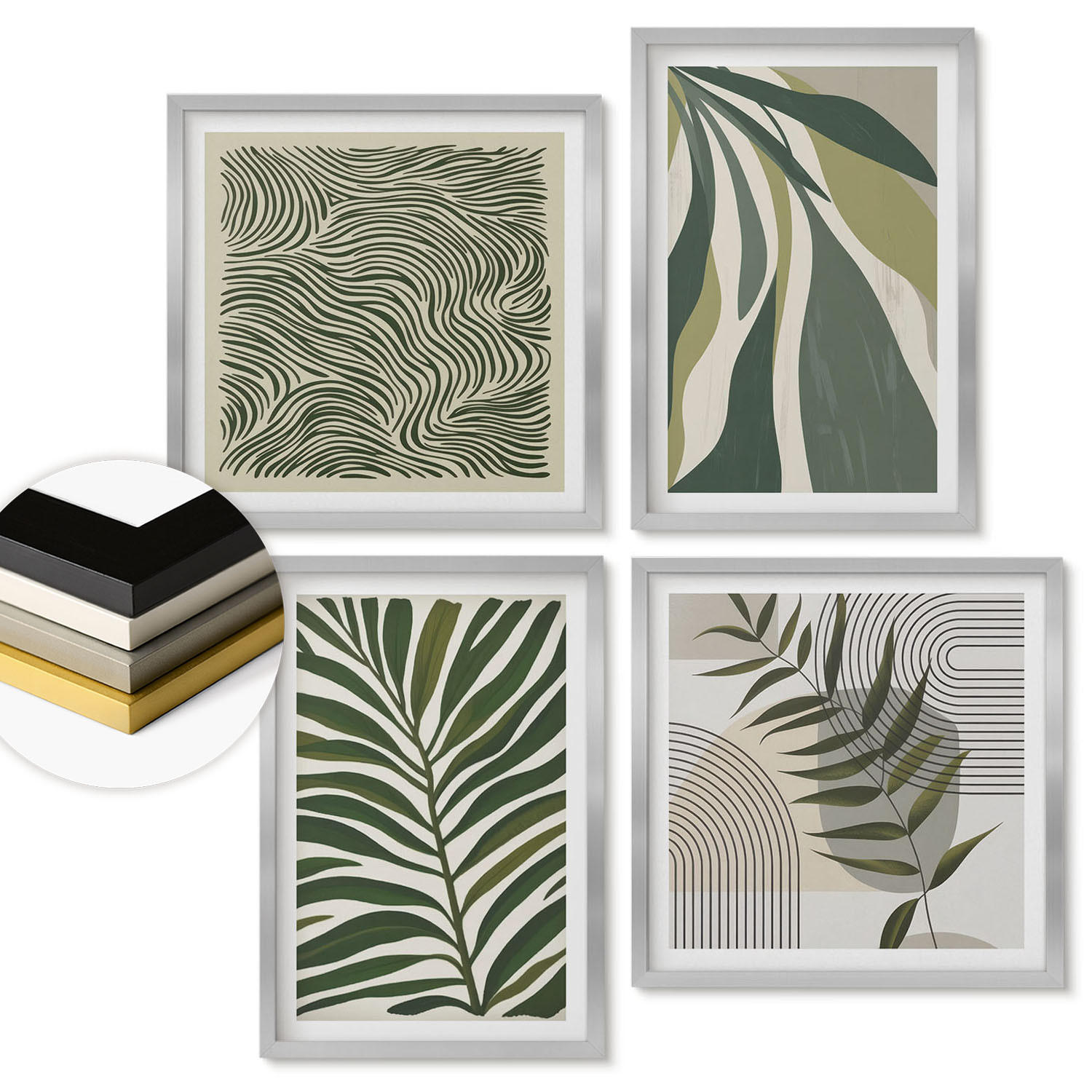 WANDBILDER 4er Set - 50x50 cm & 40x60 cm Silberner Rahmen - Blätter, Wellen – Pastellillustrationen - Silberfarben, Kunststoff (50/50cm) - ArtPrintCave