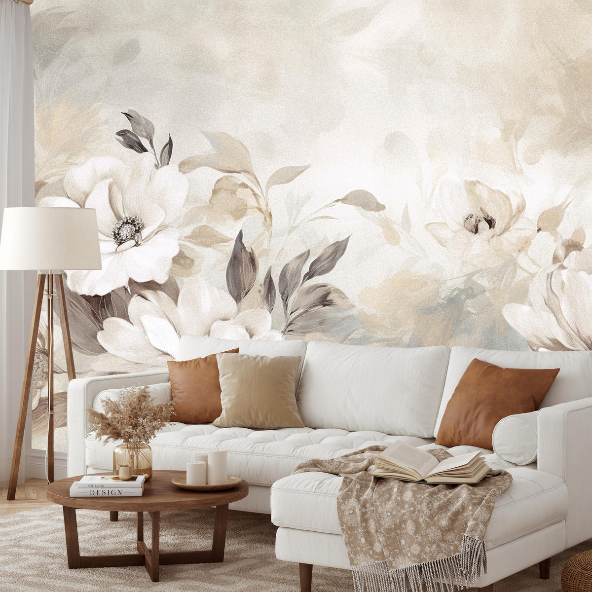 FOTOTAPETE für Schlafzimmer Abstrakte Creme Blumen Aquarell 350x256 - Beige/Braun, Papier (350/256cm) - Muralo