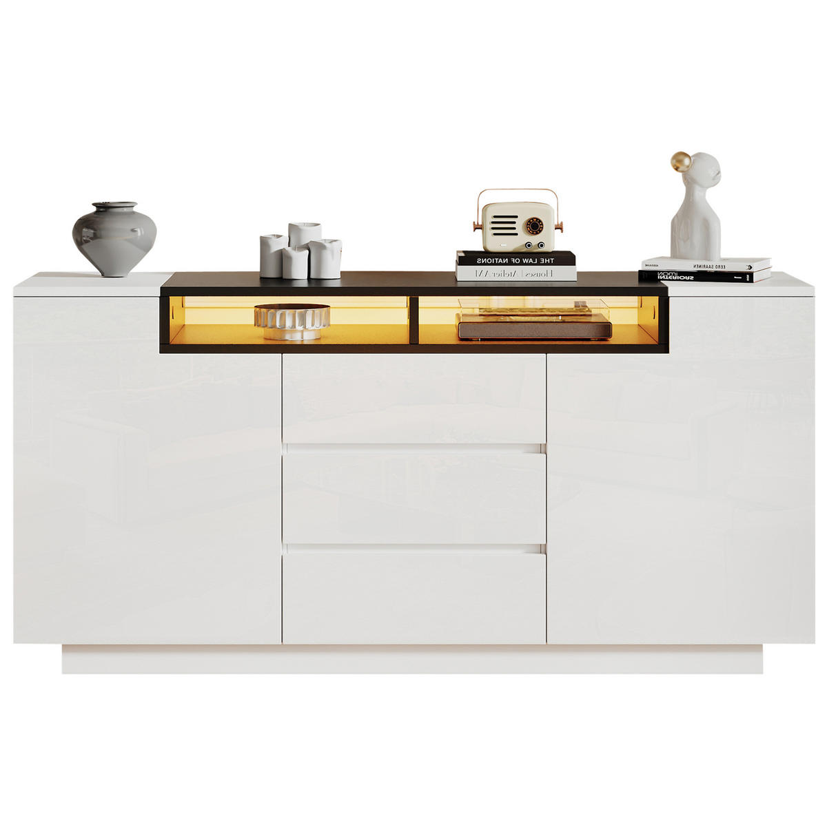 SIDEBOARD 140/40/68 cm mit 2 Türen, 3 Schubladen & LED, Weiß/Schwarz - Weiß, Holzwerkstoff (140/68/40cm) - BEAOK