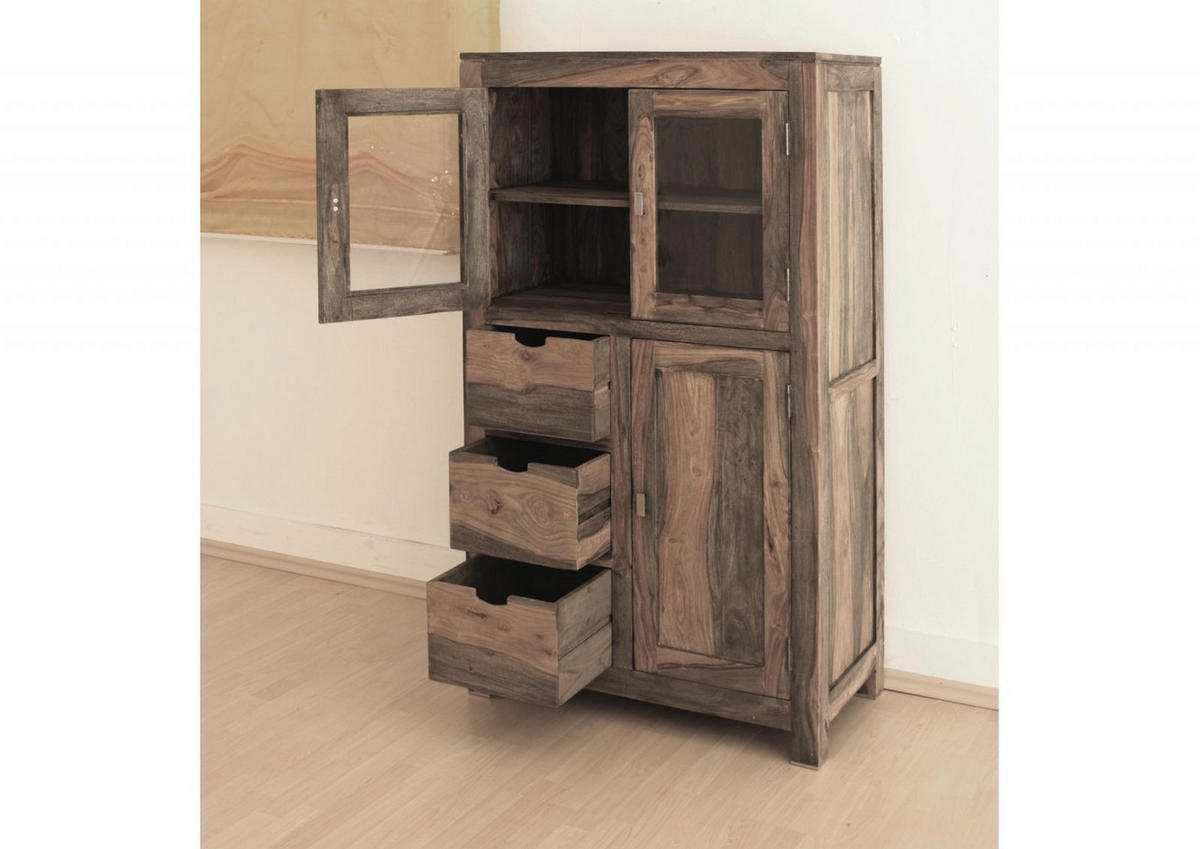 VITRINE Sheesham 90x45x148 grau geölt NATURE GREY #62 - Grau, Holz (90/148/45cm) - Massivmoebel24