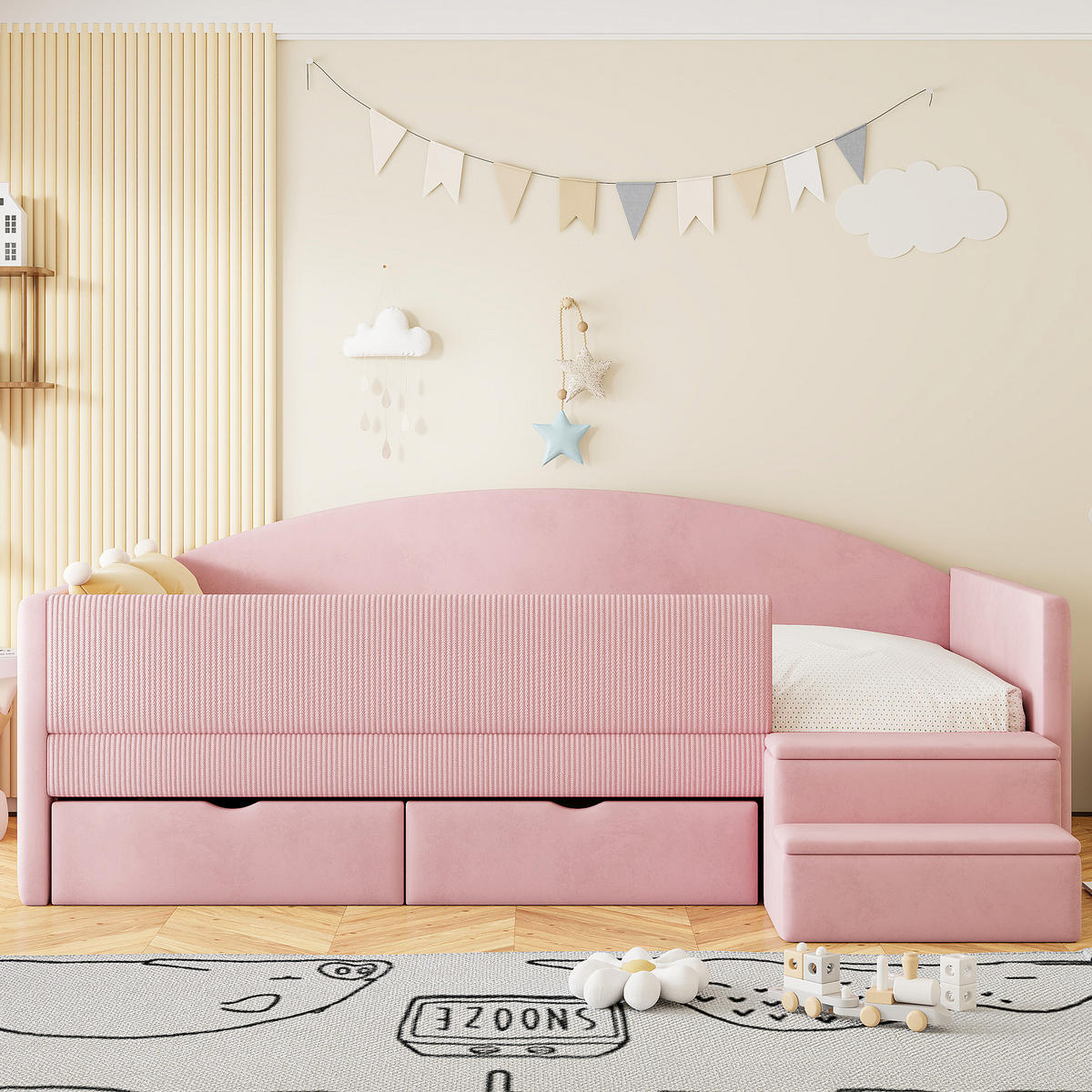 KINDERBETT 90/190 cm in Rosa Samt mit 2 Schubladen und Stufen - Rosa, Holzwerkstoff/Textil (90/190cm) - WISHDOR