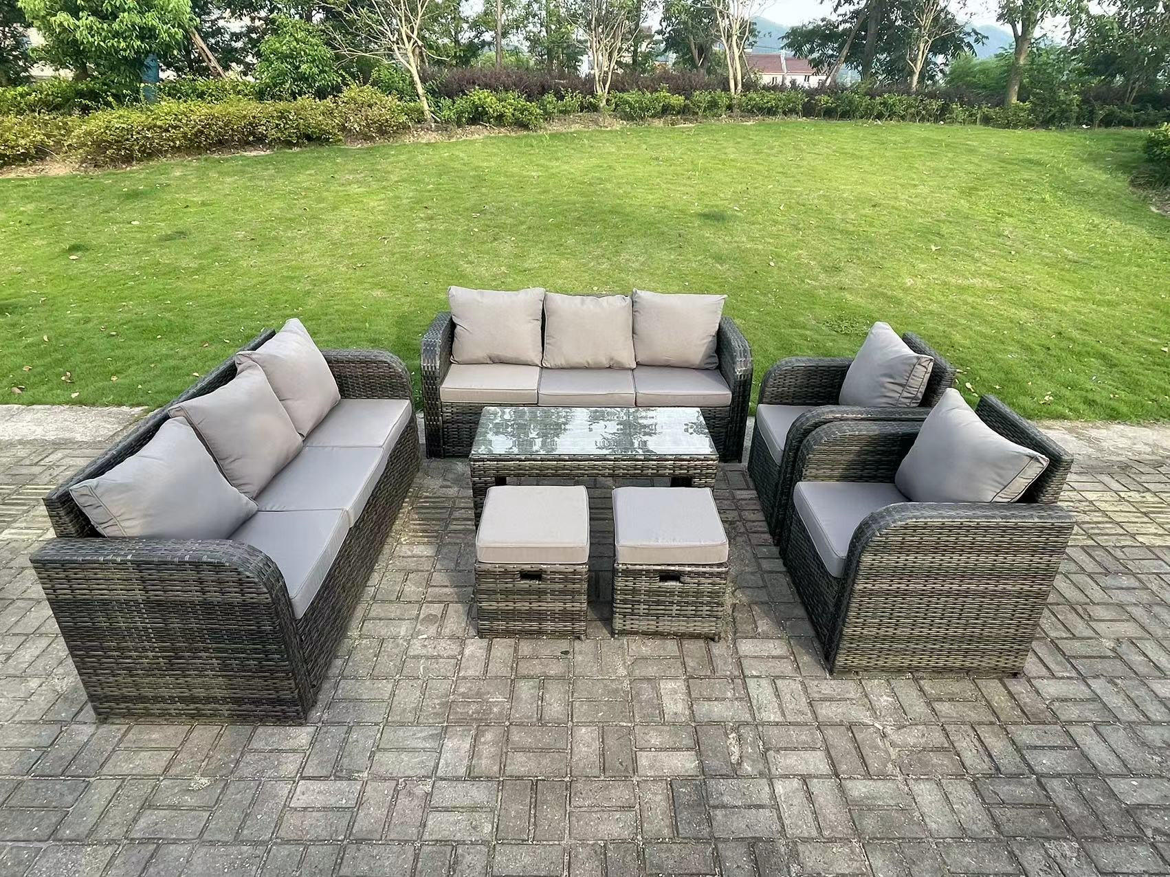 GARTENSET Polyrattan 10-Sitzer - Dunkelgrau/Grau, Glas/Kunststoff - Fimous