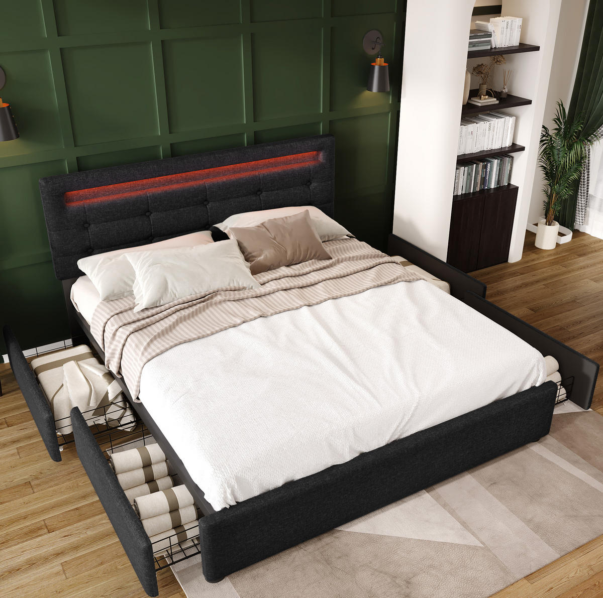 BETT mit LED und 4 Schubladen 140x200 cm Leinen Schwarz - Schwarz, Metall (140/200cm) - Meubliv