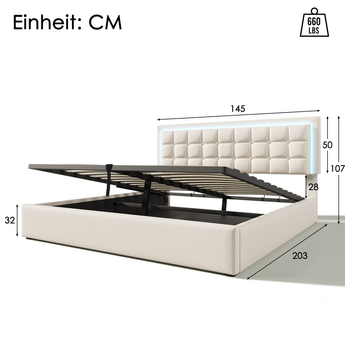 POLSTERBETT mit Bettkasten 140/200 cm in Weiß mit LED-Beleuchtung & Lattenrost - Weiß, Kunststoff (140/200cm) - BEAOK