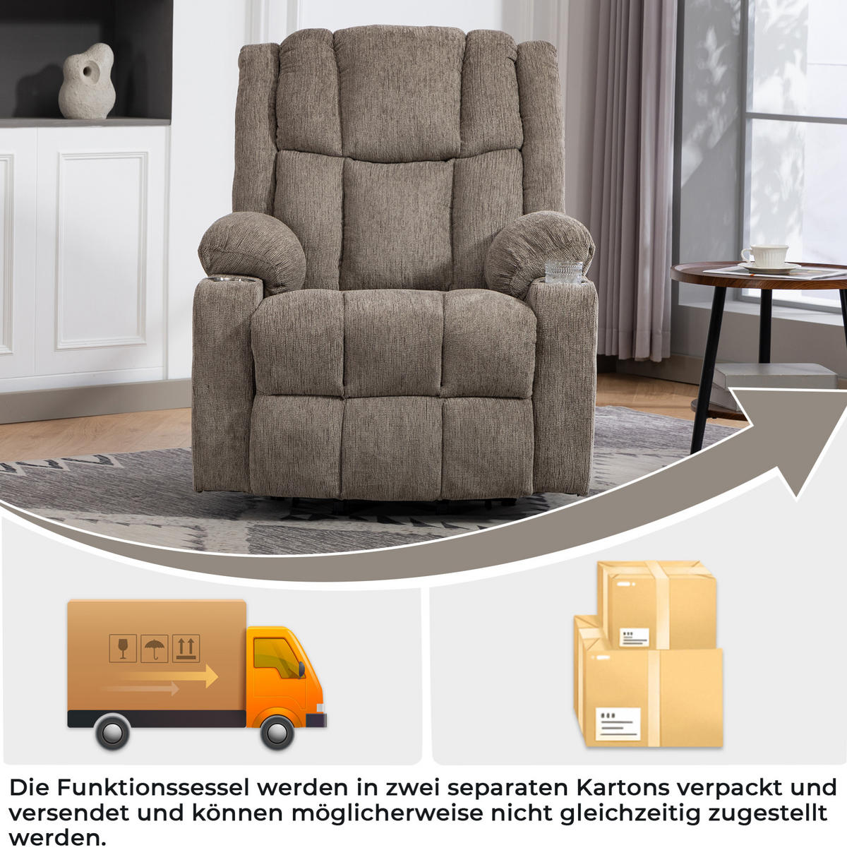 RELAXSESSEL 91/84/106 cm hellbraun aus Samt mit Aufstehhilfe Massage- und Wärmefunktion - Hellbraun, Textil (84/106/91cm) - OKWISH