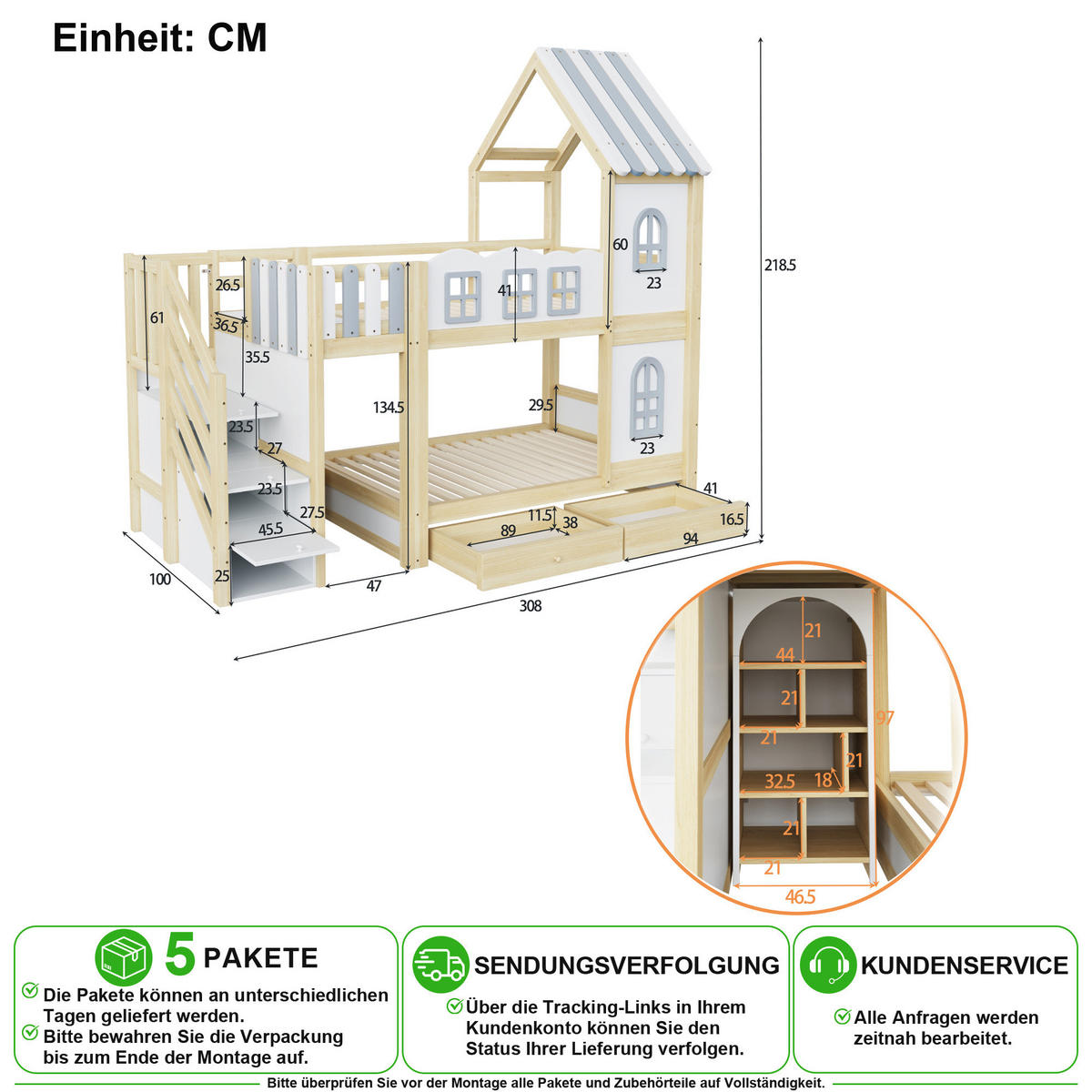ETAGENBETT 90/200 cm in Weiß/Grau/Holz mit Stauraumleiter, Schubladen und Regalen aus Holz - Weiß/Naturfarben, Holz/Holzwerkstoff (90/200cm) - CHICFURN