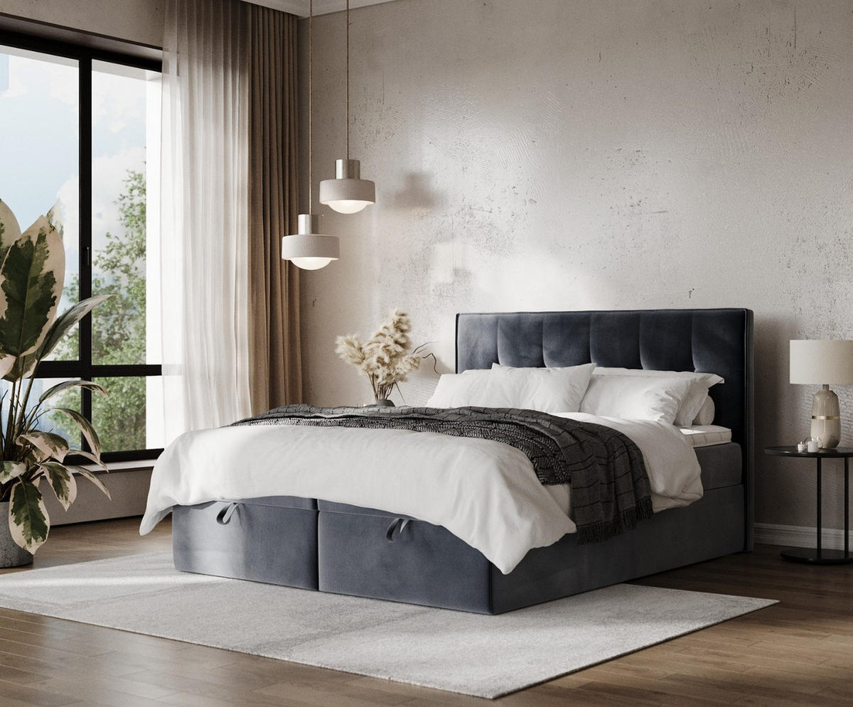 BOXBETT Tivra 140/200 cm Dunkelgrau im Kronos Stoff - Dunkelgrau/Schwarz, Holz/Holzwerkstoff (140/200cm) - AltaBeds