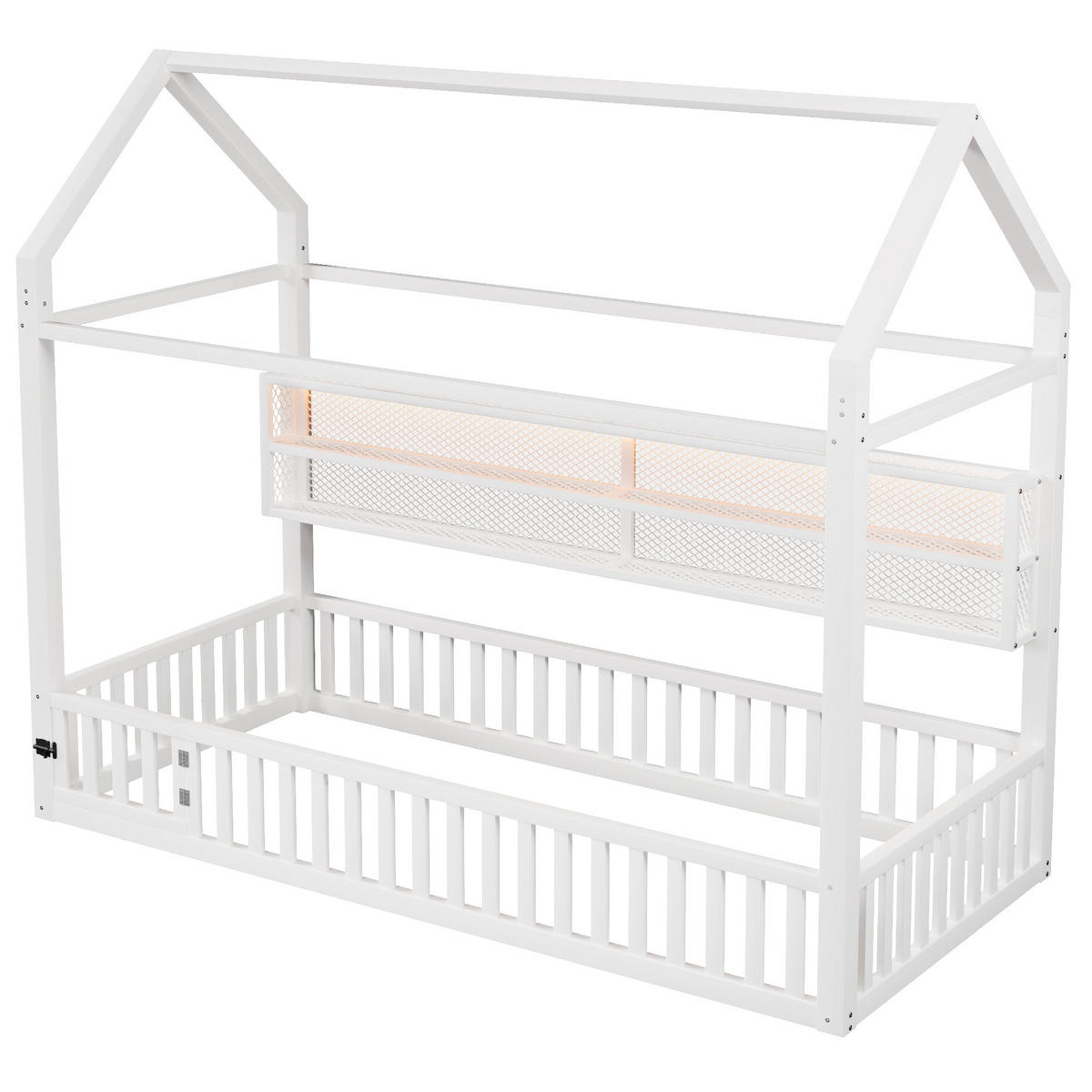 HAUSBETT 90/200 cm weiß aus Metall mit LED-Beleuchtung und Sicherheitszaun - Weiß, Metall (90/200cm) - OKWISH