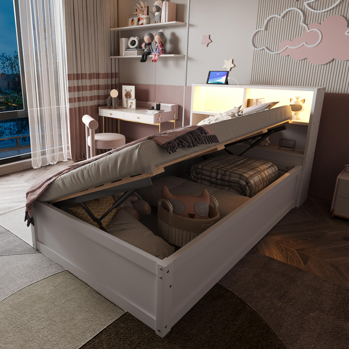 SOFA KREVET 90x200 Bijeli Hidraulični LED Spremnik - bijela, drvo (90/200cm) - FLIEKS