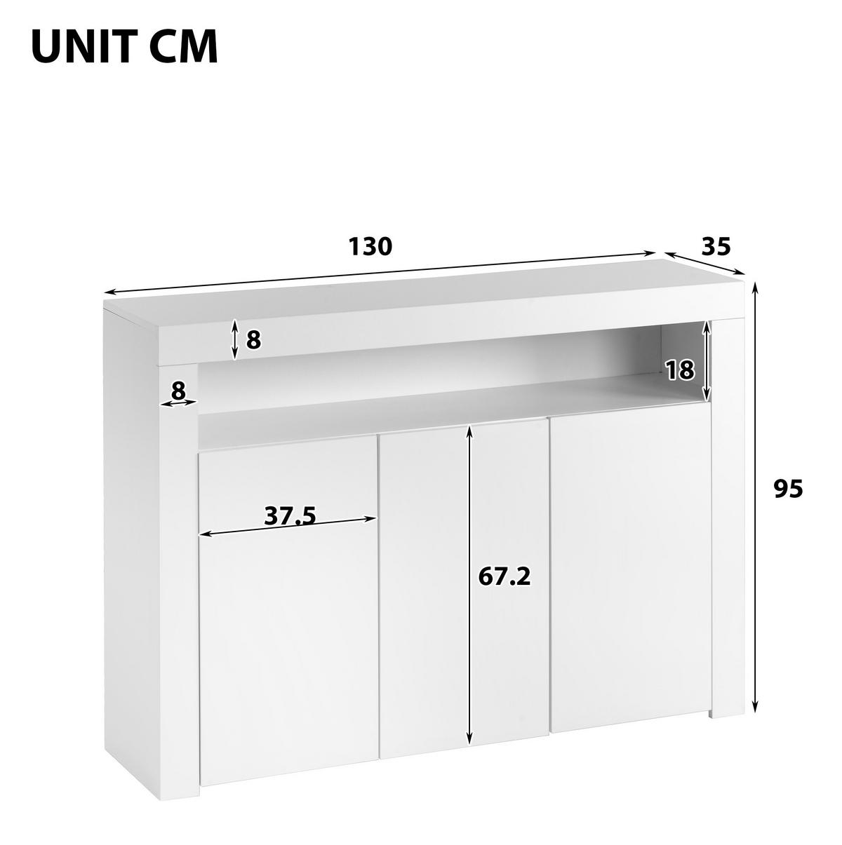 SIDEBOARD 130/35/95 cm mit LED-Beleuchtung, 3 Türen und 2 offenen Fächern, Hochglanz, Weiß - Weiß, Holzwerkstoff (130/95/35cm) - Redom