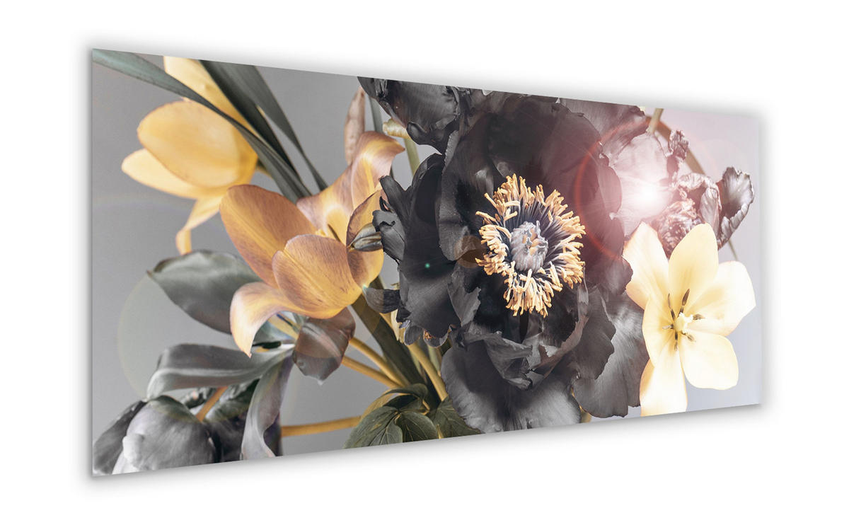 GLASBILD 125x50 cm Blumen schwarz gold - Anthrazit, Glas (125/50cm) - artissimo