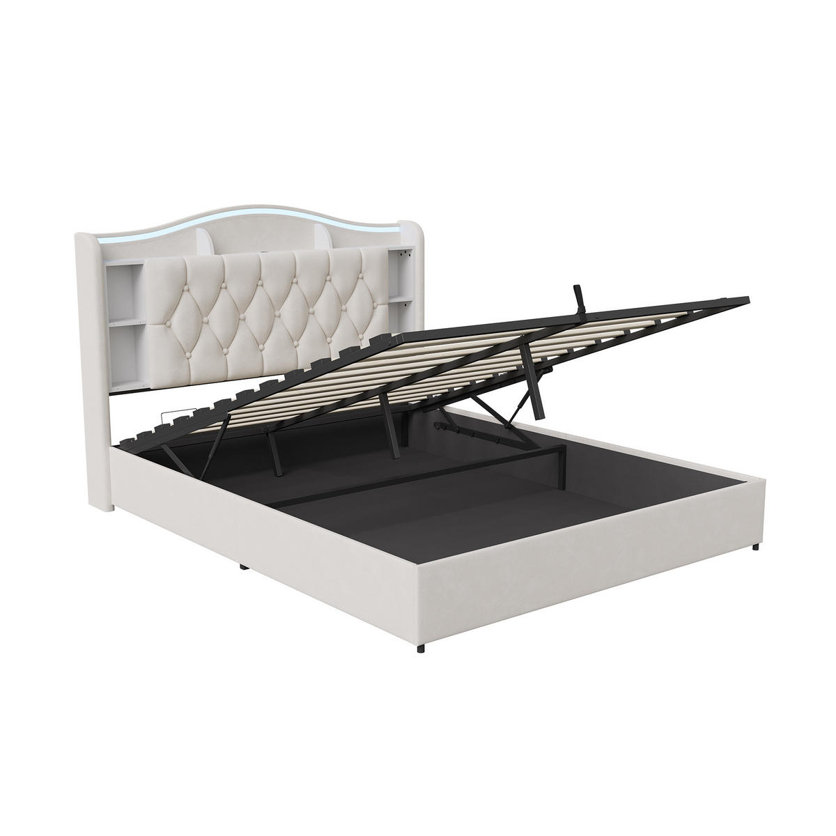 POLSTERBETT 140x200 cm mit Bettkasten, LED & USB, Doppelbett mit Kopfteil Stauraum und kabellosem Laden, Beige - Beige, Metall (140/200cm) - EuroLiving