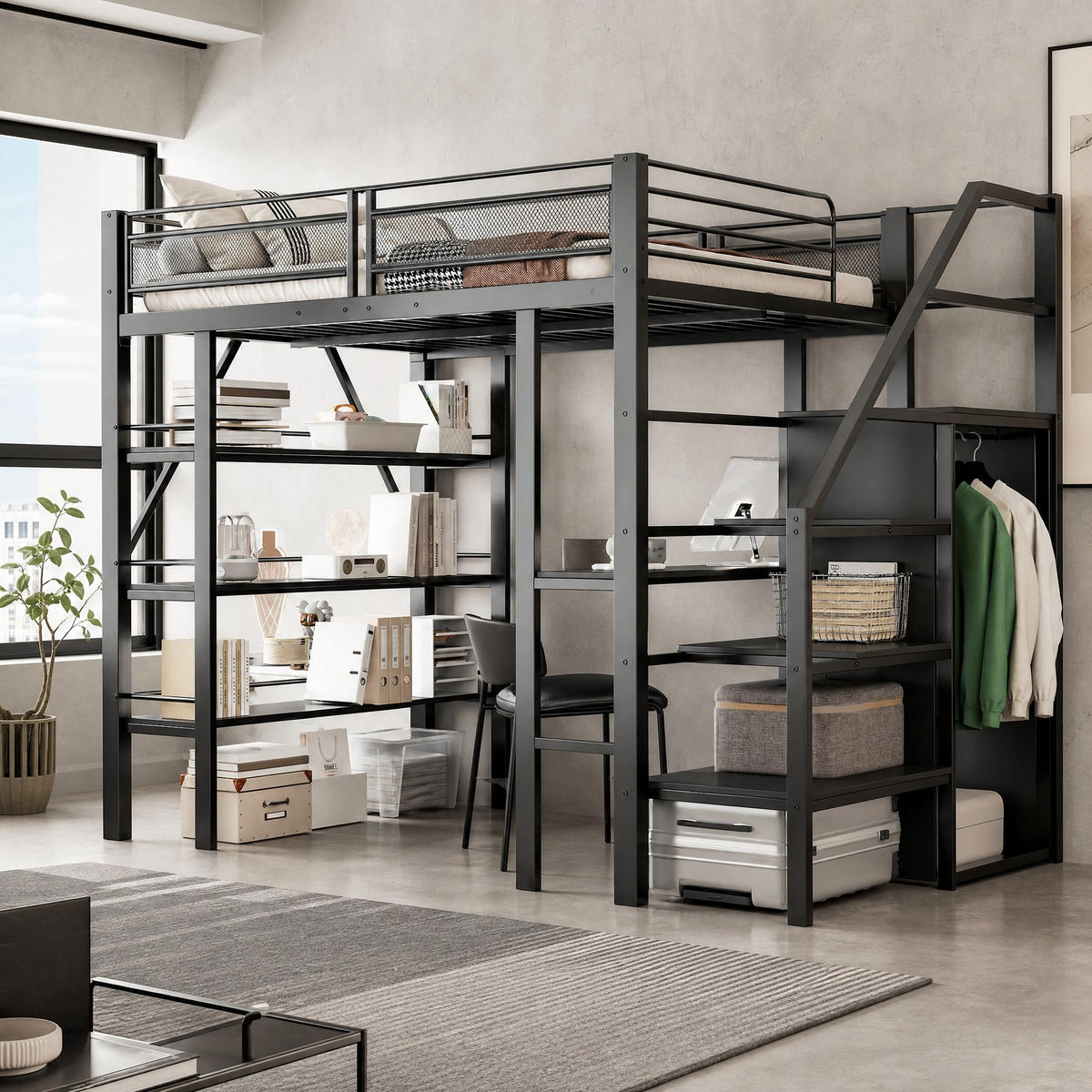 HOCHBETT 140/200 mit Schreibtisch, Kleiderschrank, Regalen und Sicherheitsleiter in Schwarz - Schwarz, Holzwerkstoff/Metall (140/200cm) - EVRYAE