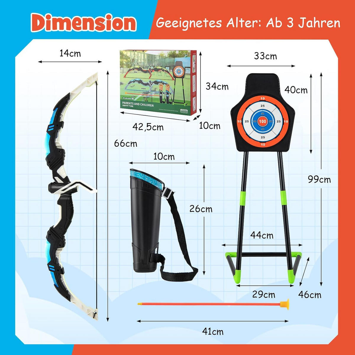 LIGHT Up Archery Toy Set Multicoloured - Multicolor, Metall (45/10.5/35cm) - COSTWAY